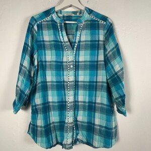 Soft Surroundings Womens Plaid Button down Shirt Large Blue White Crochet Trim